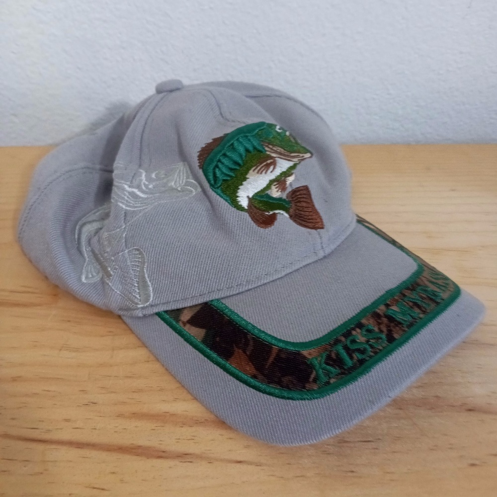 KISS MY BASS Fishing Ball Cap Trucker Hat CAMO Fish Adjustable Back Adult OS